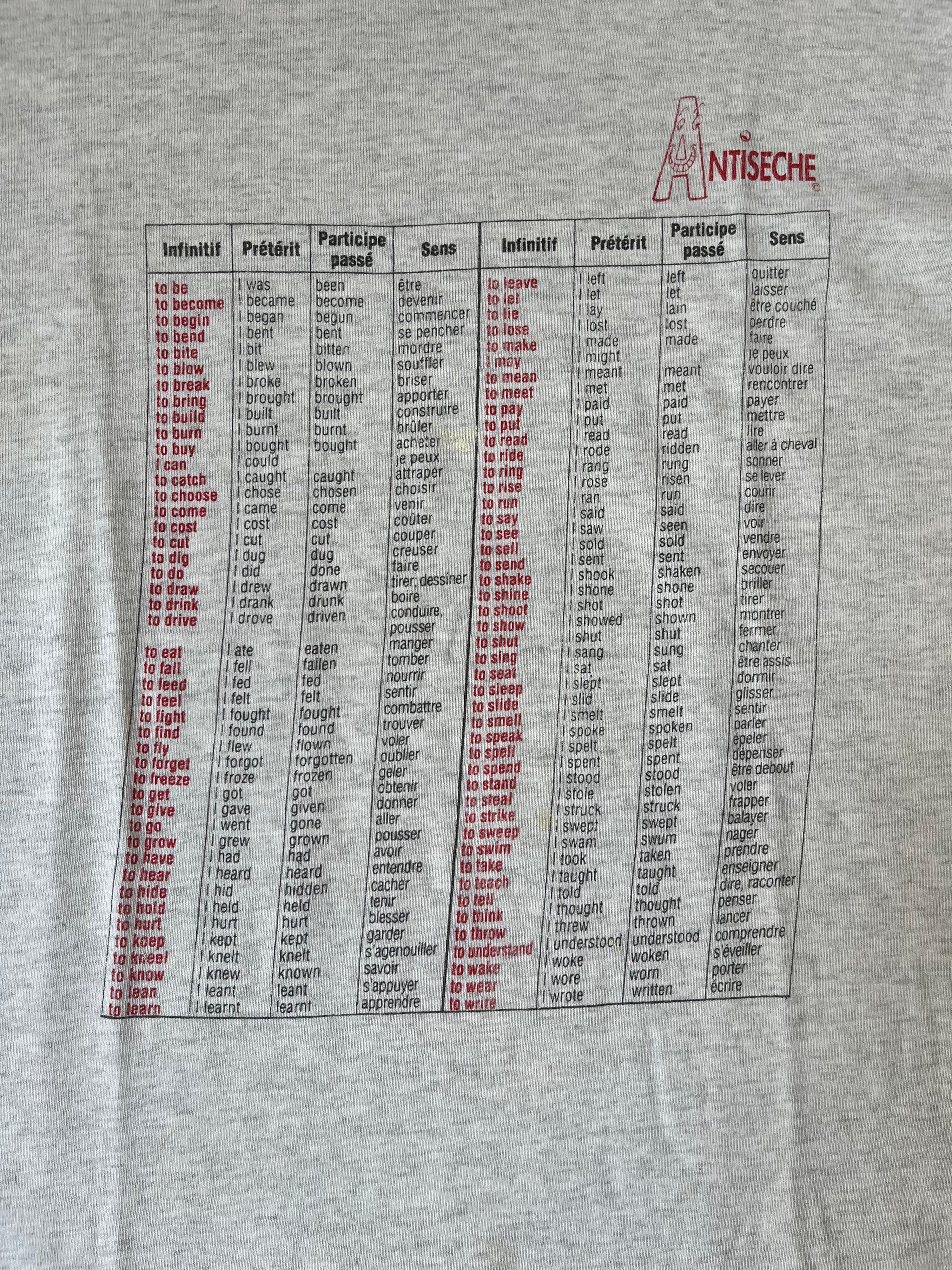 English irregular verbs french t-shirt - 1990's