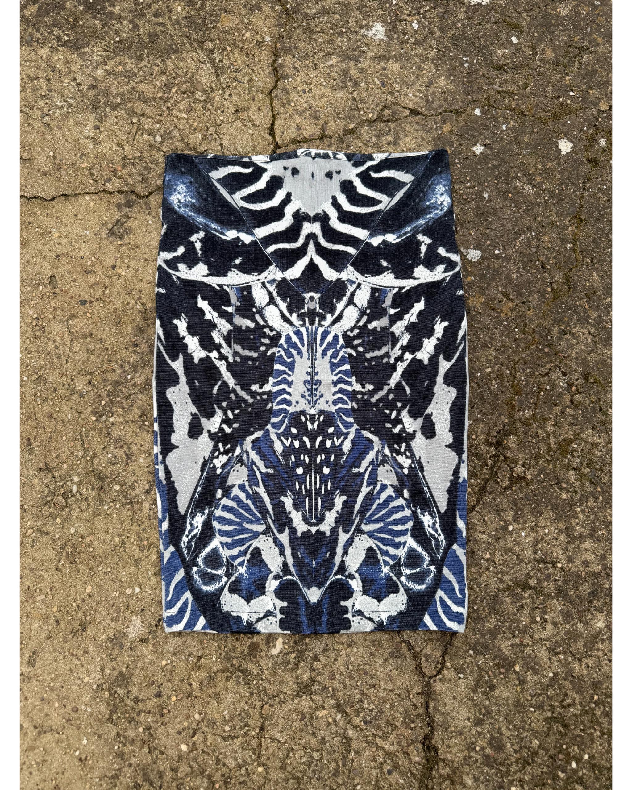 Blue beetle print crepe pencil skirt